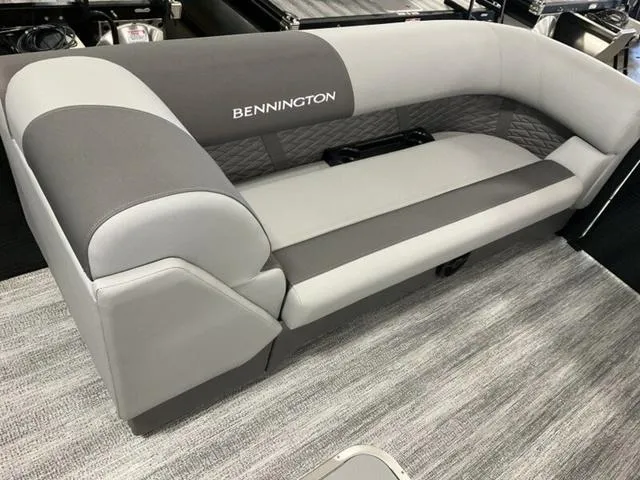 Slide: The Image of Bennington 23 SL 2025 boat seating, gray upholstery, modern design. - 8