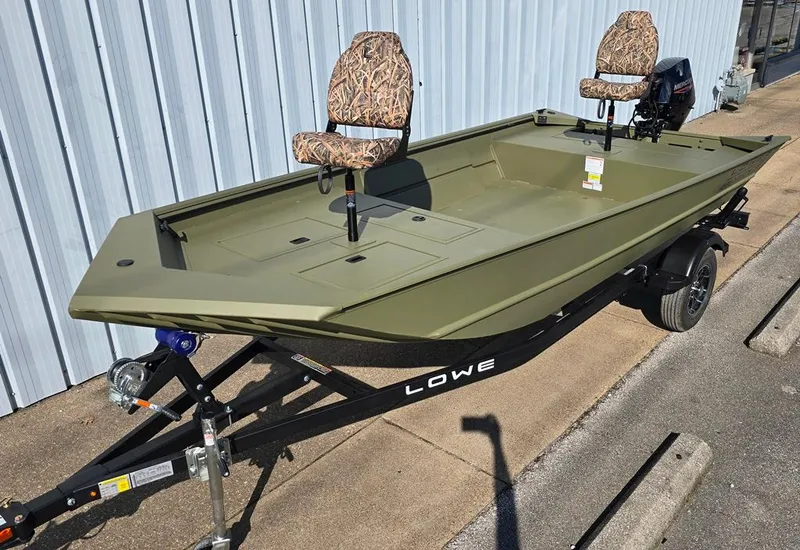 The Image of 2025 Lowe Roughneck RX1660 Tiller Steer boat on trailer, featuring camouflage seats. - 0