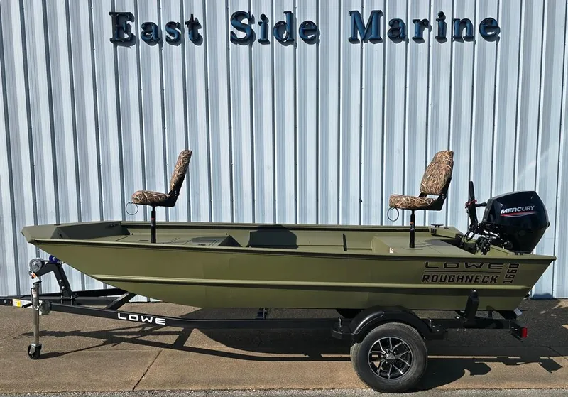 Slide: The Image of 2025 Lowe Roughneck RX1660 Tiller Steer boat on trailer at East Side Marine. - 8