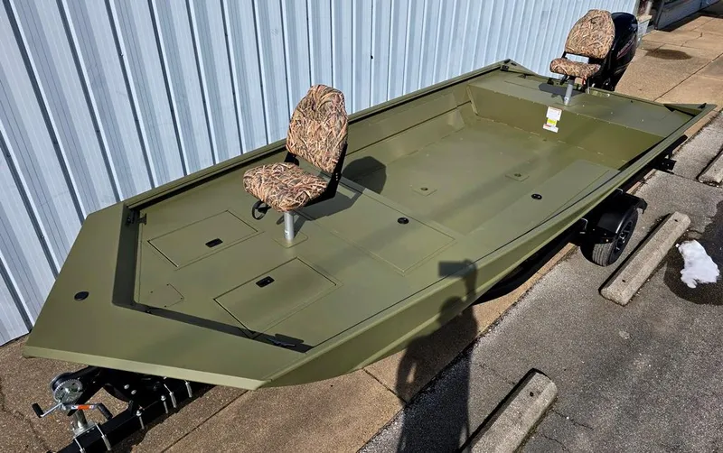 The Image of 2025 Lowe Roughneck RX2070 Tiller Steer boat with pedestal camo seats on elevated casting decks front & rear. - 0