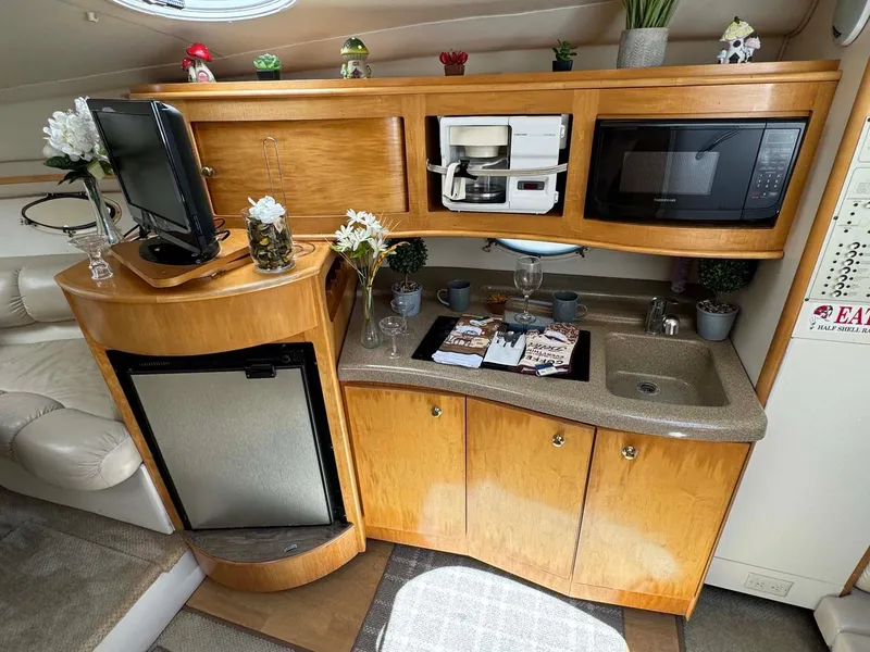 Slide: The Image of 2002 Larson 310 Cabrio cabin kitchen with microwave, sink, and TV. - 24