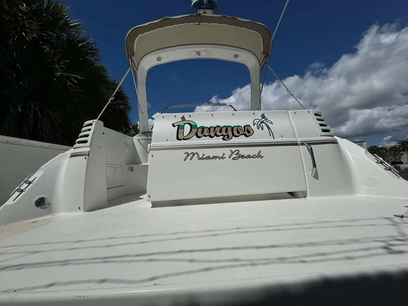 Slide: The Image of 2002 Larson 310 Cabrio boat with "Dungo" and "Miami Beach" text on the stern. - 8