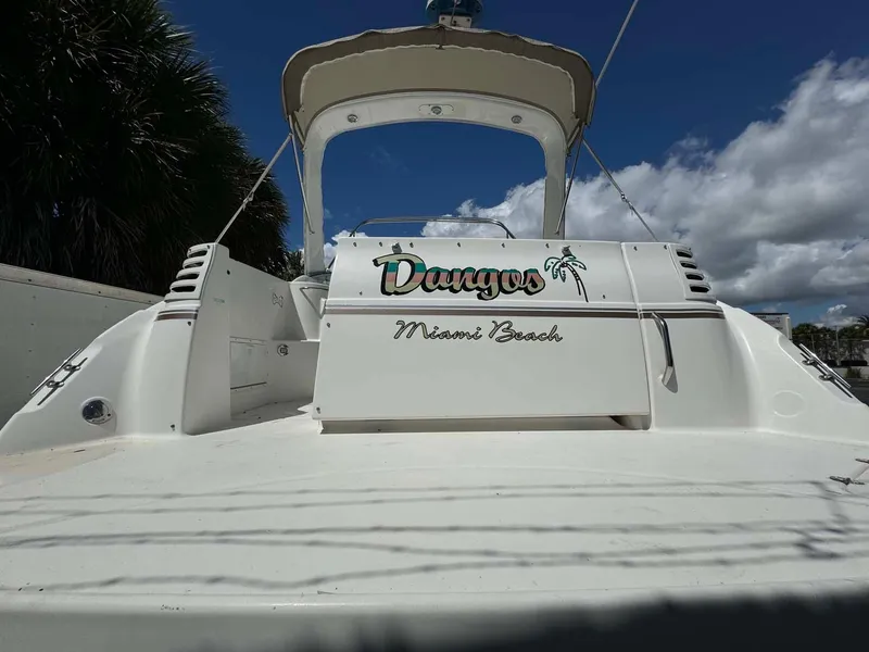 Slide: The Image of Larson 310 CABRIO 2002 boat with "Danger" and "Miami Beach" text, sunny day. - 9