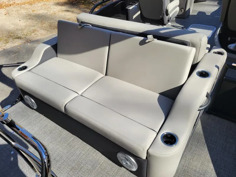 Slide: The Image of Barletta C22UC 2025 boat seating with cup holders and speakers. - 23