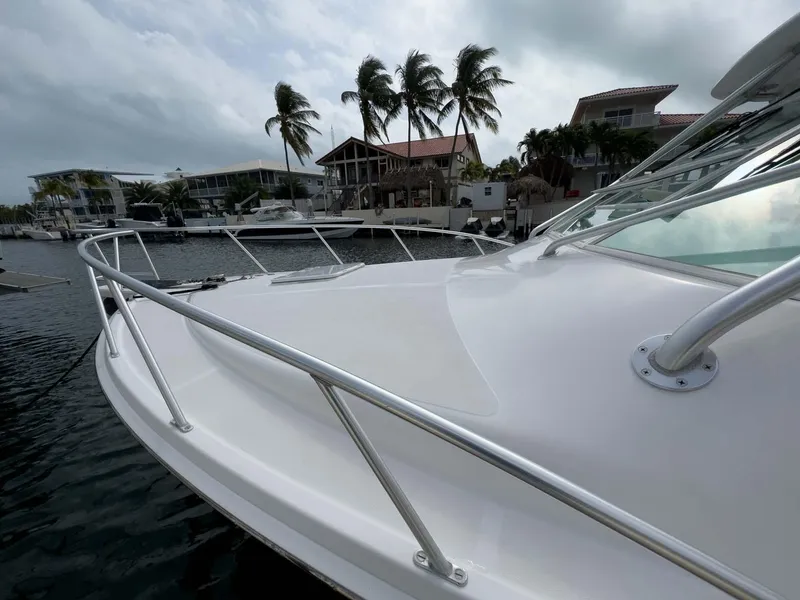 Slide: The Image of 2007 Cabo 35 Express boat docked near palm trees and waterfront homes. - 10