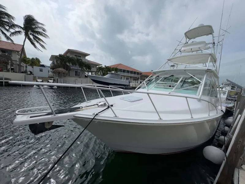 Slide: The Image of 2007 Cabo 35 Express boat docked in a marina, surrounded by palm trees and waterfront homes. - 4