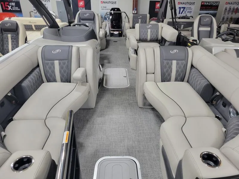 Slide: The Image of Luxurious interior of 2025 Barletta L23MA pontoon boat with plush seating and modern design. - 22