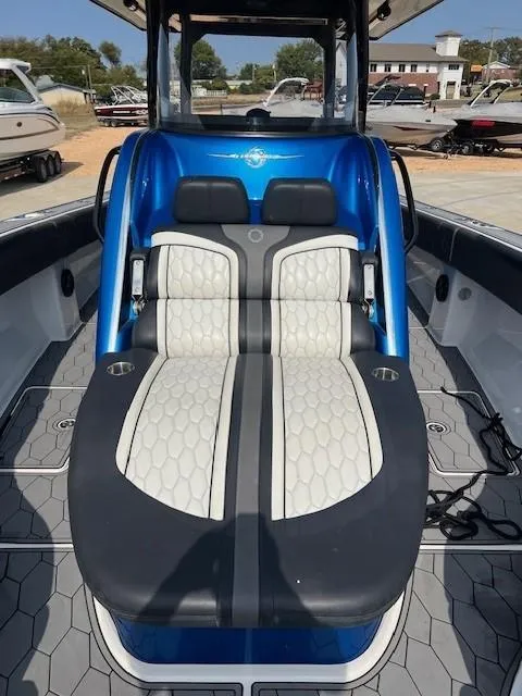 Slide: The Image of 2022 Fountain 39 NX boat with sleek seating and modern design. - 11