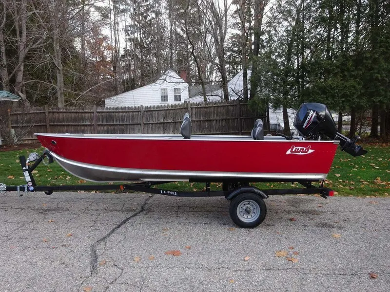 Slide: The Image of 2025 Lund 1600 Fury Heritage Edition boat on trailer, red exterior, parked outdoors. - 1
