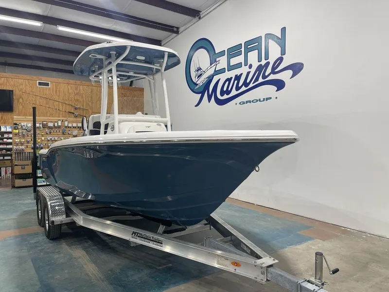 Slide: The Image of 2025 Tidewater 210 LXF boat on trailer at Ocean Marine showroom. - 39