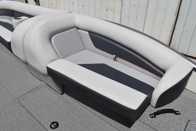 Slide: The Image of 2025 Lowe SD224 boat interior with gray and black seating, featuring modern design. - 27