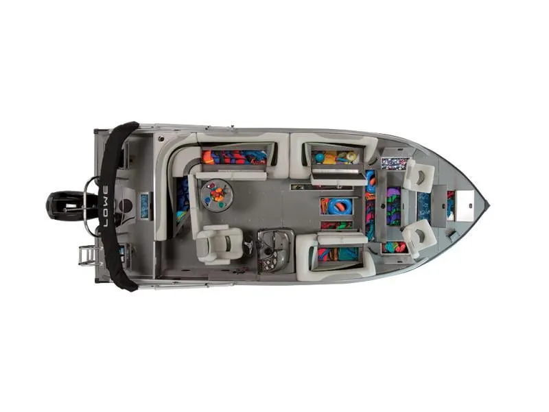 Slide: The Image of Top view of 2025 Lowe SD224 boat interior with seating and colorful storage compartments. - 46