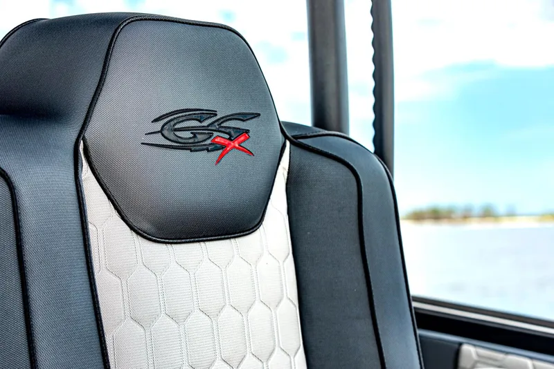 Slide: The Image of 2025 Glasstream GSX 360 LS boat seat with logo, featuring modern design and stitching. - 16