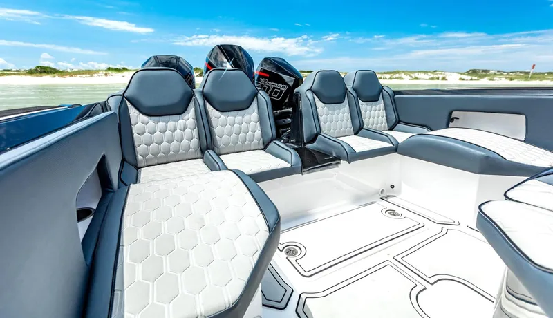 Slide: The Image of 2025 Glasstream GSX 360 LS boat interior with modern seating and sleek design. - 8