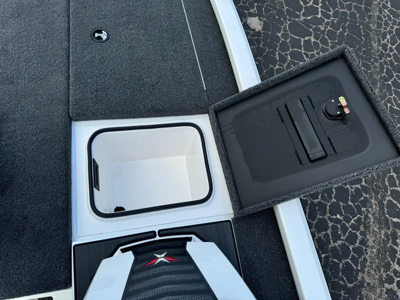 Slide: The Image of 2025 Vexus AVX1980 boat storage compartment with open hatch, showcasing interior design. - 22