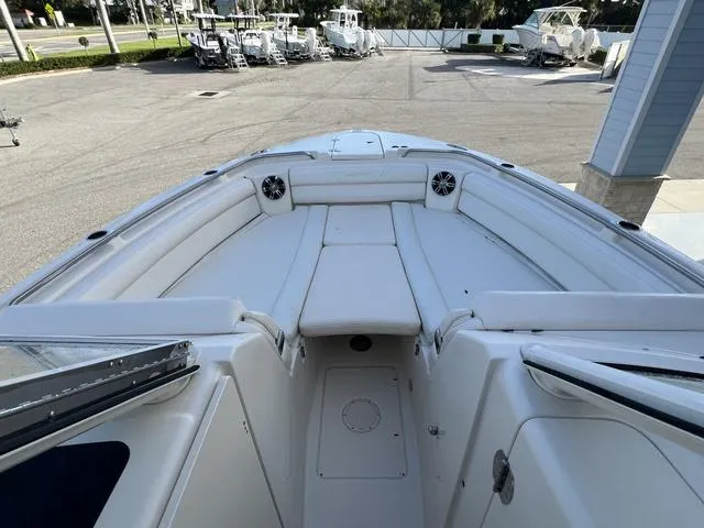Slide: The Image of 2019 Grady-White Freedom 325 boat interior with spacious seating and modern design. - 10