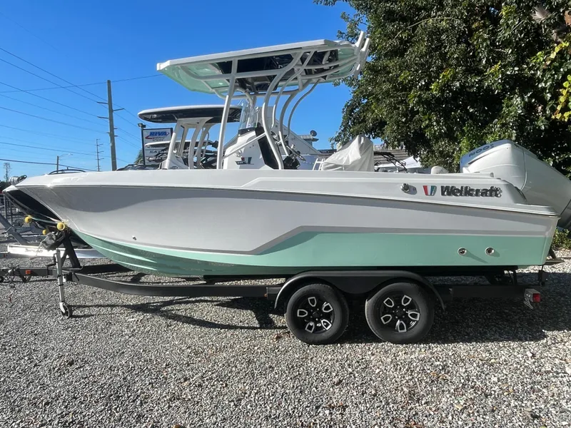 Slide: The Image of 2023 Wellcraft 222 Fisherman boat on trailer, side view, outdoors. - 2