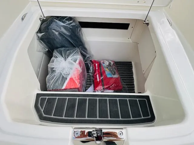 Slide: The Image of Storage compartment of 2025 Boston Whaler 250 Dauntless with packaged items. - 22