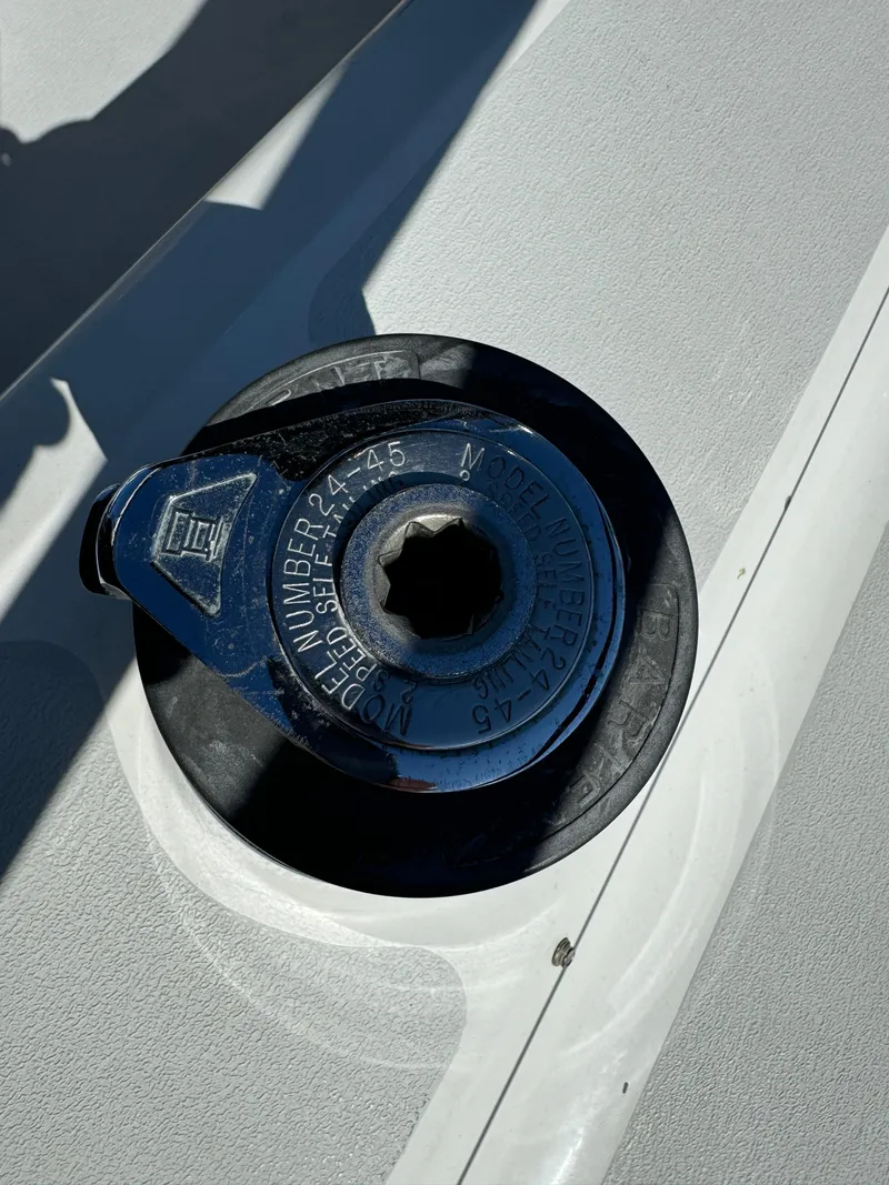 Slide: The Image of Close-up of a 1992 Hunter 35 sailboat deck fitting in sunlight. - 16