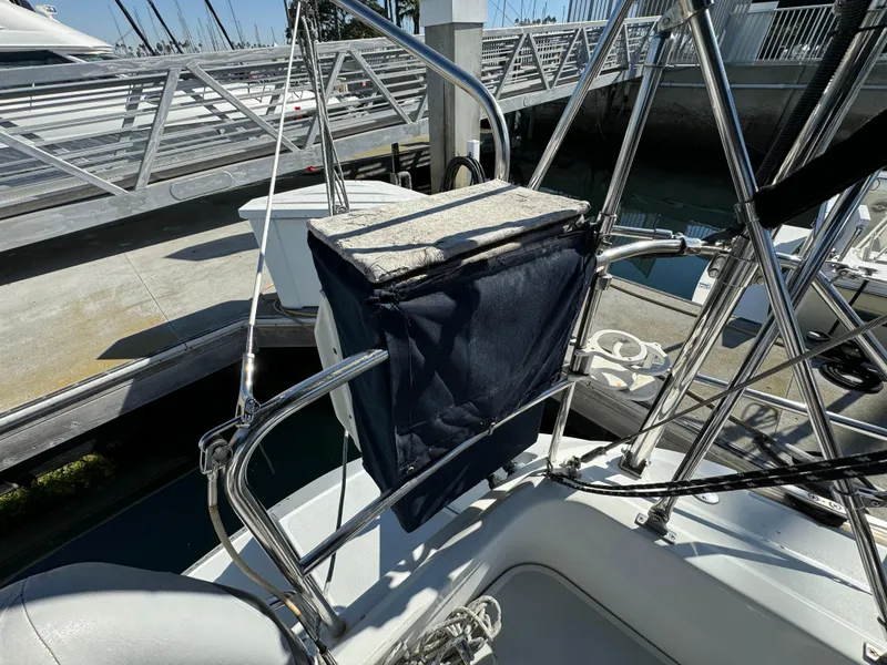 Slide: The Image of Sailboat deck with stainless steel railings, Hunter 35 model, 1992, docked at marina. - 21