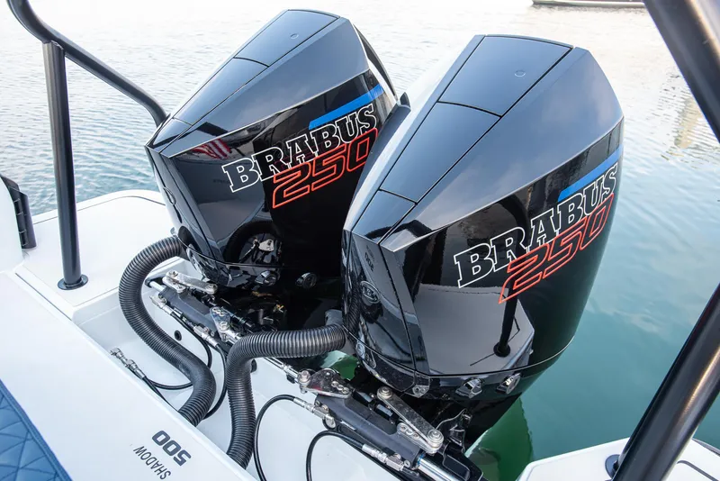 Slide: The Image of Twin BRABUS 250 outboard engines on 2023 Shadow 500 T-Top AFT Cabin boat. - 16