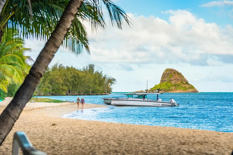 Slide: The Image of 2023 Axopar 37 Sun-Top Wet Bar on tropical beach with palm trees and ocean view. - 6