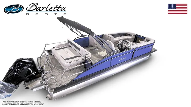 Slide: The Image of 2025 Barletta Aria A24UC pontoon boat with blue exterior and Mercury engine. - 3
