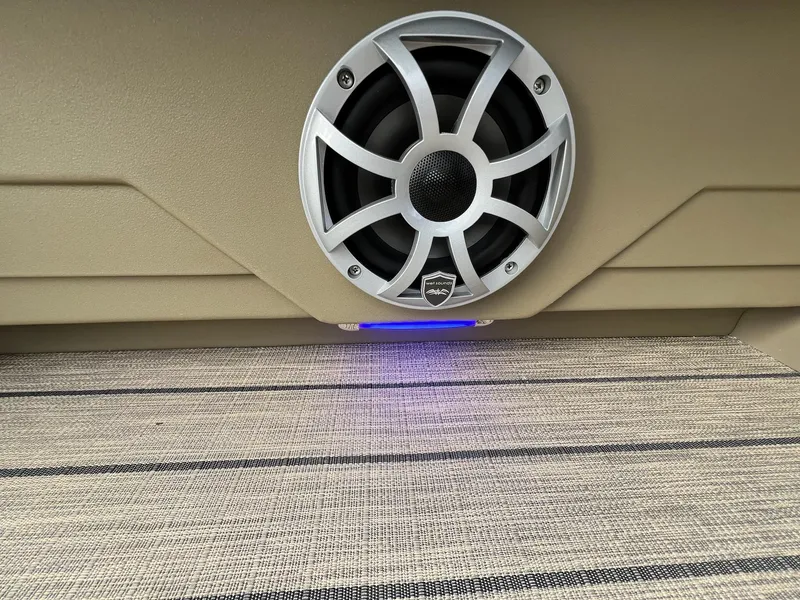 Slide: The Image of Speaker system in 2025 Sylvan L3 DLZ Tritoon with blue LED lighting. - 46