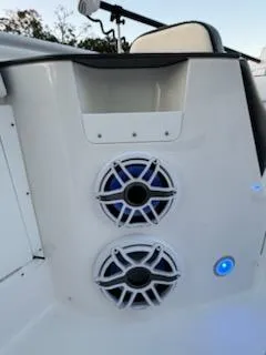 Slide: The Image of 2024 Crevalle 33 CSF boat speakers with blue LED lighting. - 14