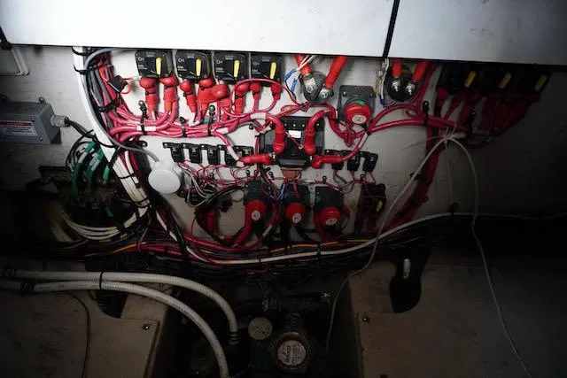 Slide: The Image of Electrical wiring system in a 2007 Sea Ray 36 Sedan Bridge boat. - 38