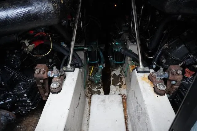 Slide: The Image of Engine compartment of 2007 Sea Ray 36 Sedan Bridge boat, showing mechanical components. - 39