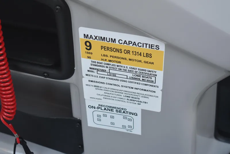 Slide: The Image of Capacity label on 2025 Lowe LS 190 boat, maximum 9 persons or 1314 lbs. - 11