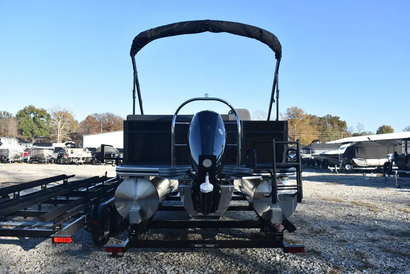 Slide: The Image of 2025 Lowe LS 190 pontoon boat on trailer, outdoor dealership setting. - 4