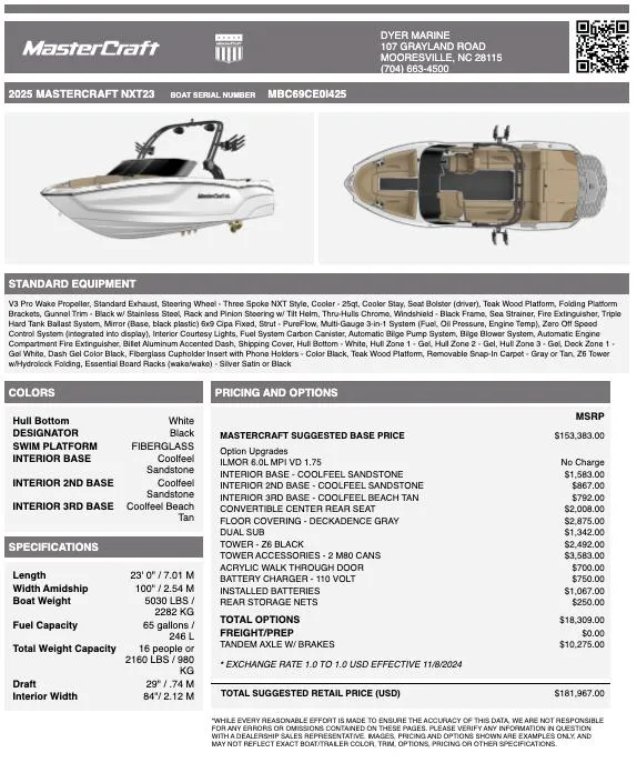 Slide: The Image of 2025 MasterCraft NXT23 boat specifications and pricing sheet with top and side views. - 12