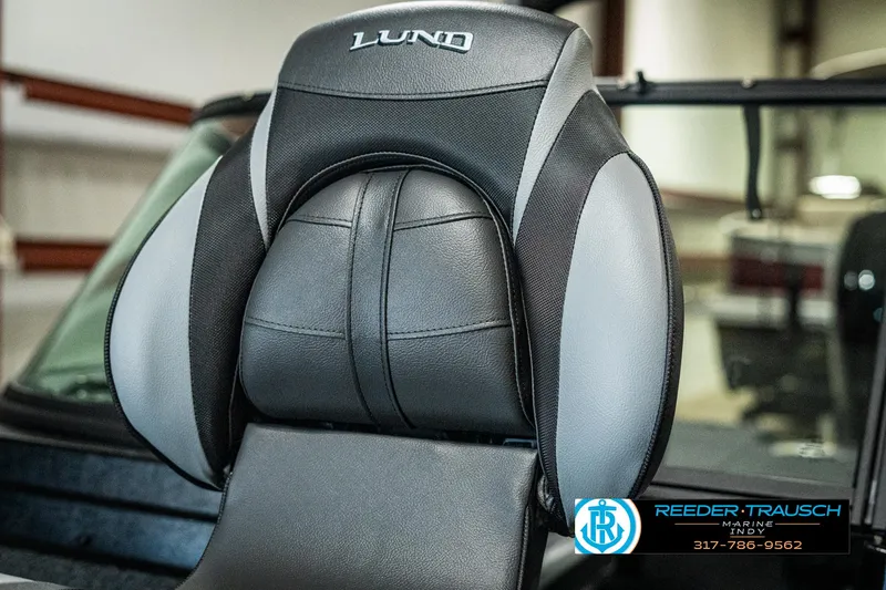Slide: The Image of 2025 Lund 1775 Adventure Sport boat seat, black and gray design, close-up view. - 35