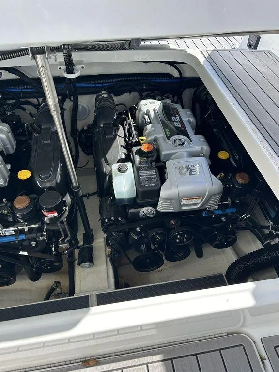 Slide: The Image of 2023 Formula 350 Crossover Bowrider engine compartment showcasing dual V8 engines. - 16