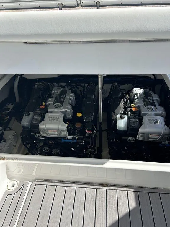 Slide: The Image of 2023 Formula 350 Crossover Bowrider engine compartment with twin V8 engines. - 18