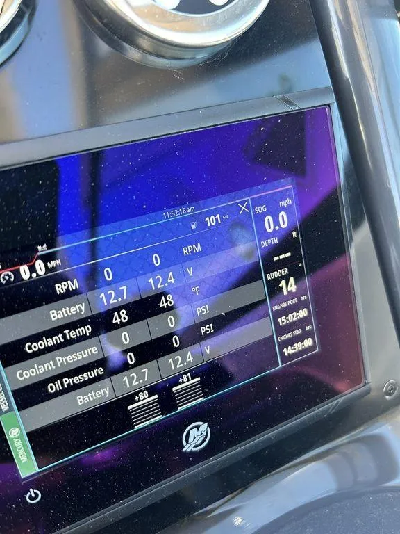 Slide: The Image of Dashboard of 2023 Formula 350 Crossover Bowrider showing engine metrics and battery status. - 20