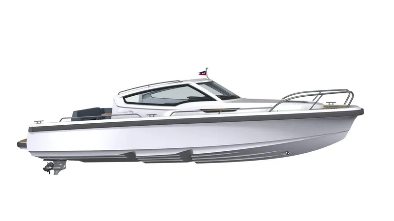 Slide: The Image of 2025 Nimbus Weekender 9 boat, sleek design, side view, white hull, modern cabin. - 7
