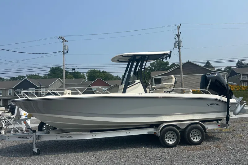 Slide: The Image of 2025 Boston Whaler 250 Dauntless boat in a showroom, side view. - 1
