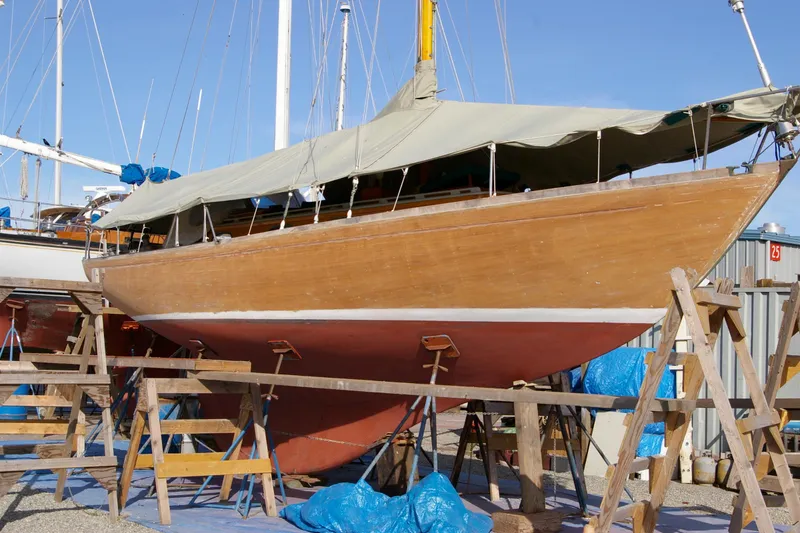 Slide: The Image of 1961 Sparkman & Stephens Pipe Dream Cruising Sloop on stands, under maintenance. - 26