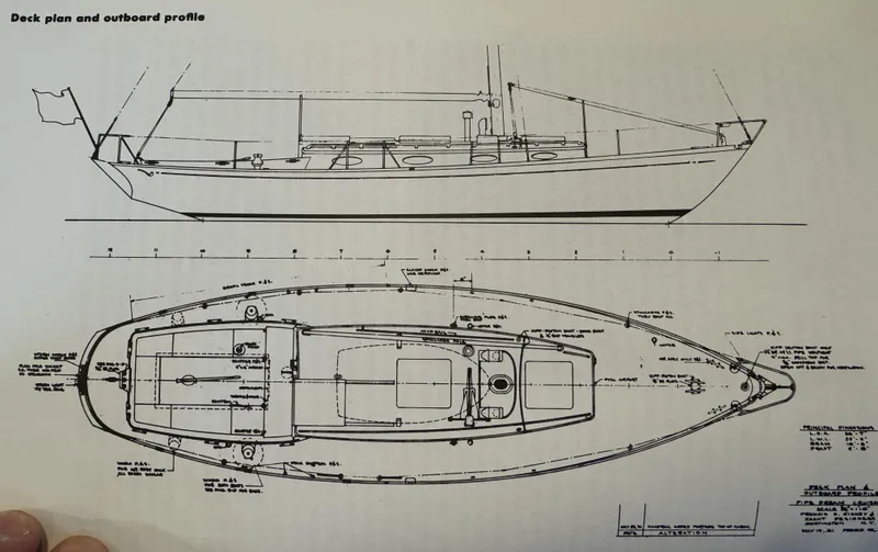 Slide: The Image of Deck and profile plans of 1961 Sparkman & Stephens Pipe Dream Cruising Sloop. - 29