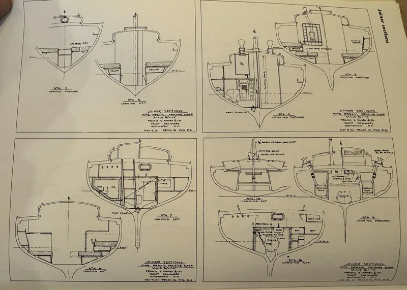 Slide: The Image of Blueprints of 1961 Sparkman & Stephens Pipe Dream Cruising Sloop, showcasing detailed interior layouts. - 30