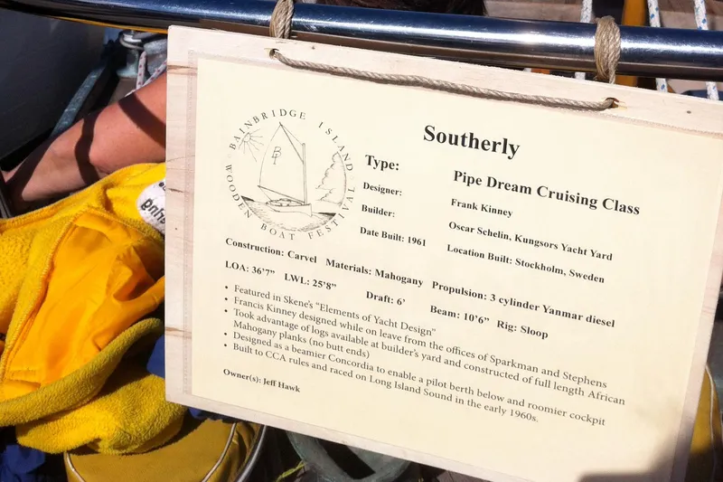 Slide: The Image of Plaque detailing 1961 Sparkman & Stephens Pipe Dream Cruising Sloop specifications and history. - 33