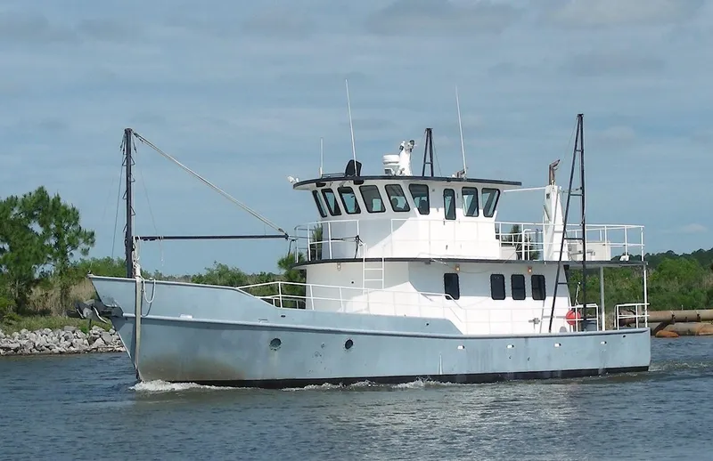 The Image of Custom 2000 Expedition boat cruising on a calm river under a clear sky. - 0