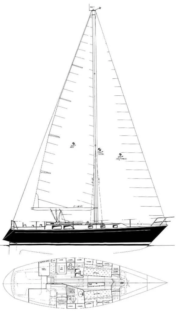 Slide: The Image of Line drawing of 1985 Cheoy Lee Pedrick 38w sailboat, side and top view. - 10