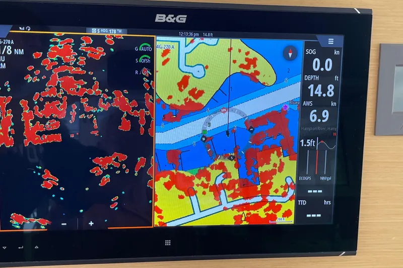 Slide: The Image of Navigation display on Lagoon 620 yacht, showing radar and chart data, 2014 model. - 56
