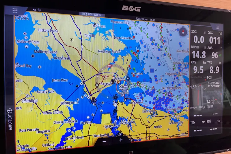 Slide: The Image of Navigation display on Lagoon 620 yacht, showing detailed maritime map and sailing data. - 57