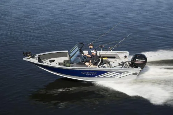 The Image of 2025 Smoker Craft Ultima 182 boat speeding on water, equipped with fishing gear. - 1