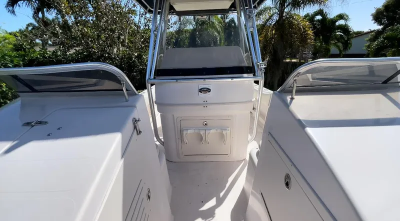 Slide: The Image of 1999 Grady-White X-26 Tiger Cat boat interior with dual consoles and center helm. - 43